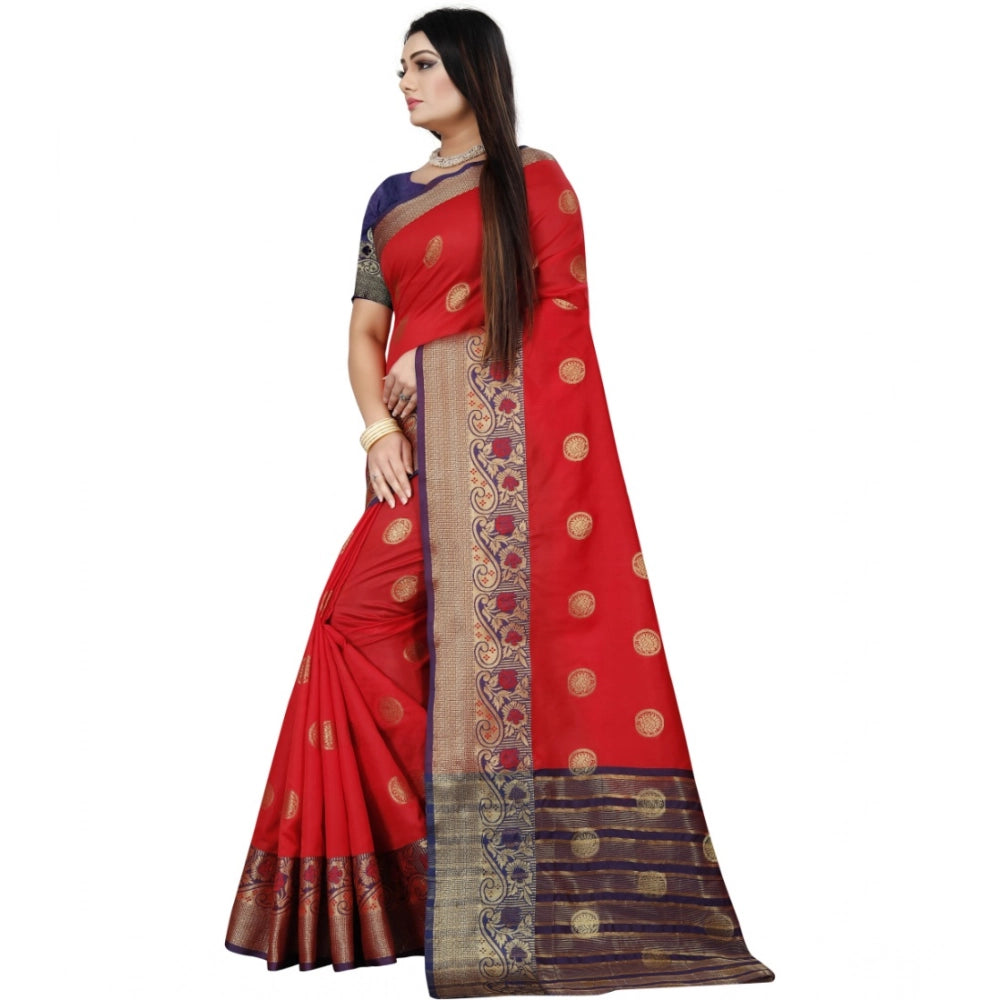 Amfyn Women's Silk Blend Woven Saree With Unstitched Blouse 5.5Mtr (Red-Blue)