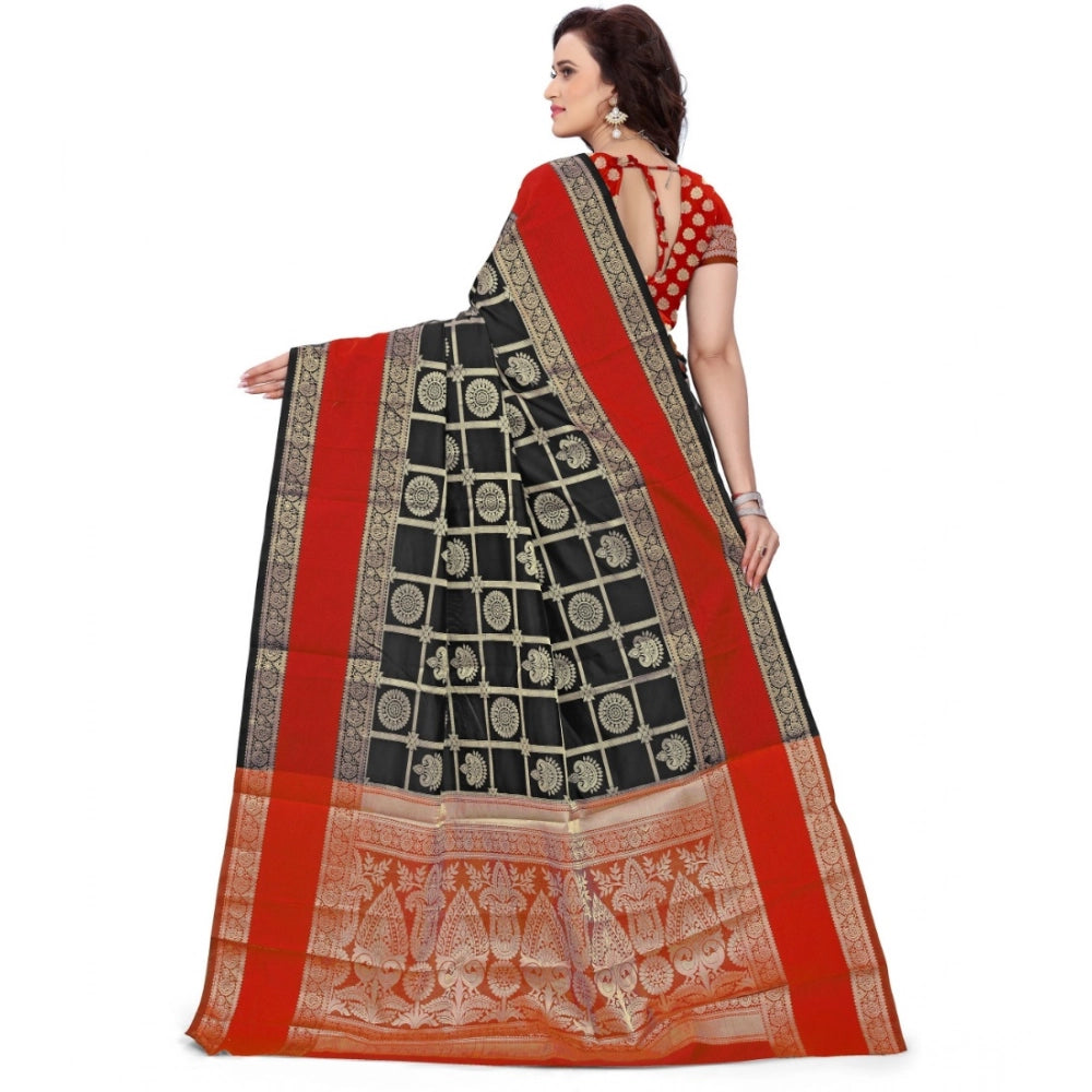Amfyn Women's Jacquard Woven Saree With Unstitched Blouse 5.5Mtr (Red-Black)