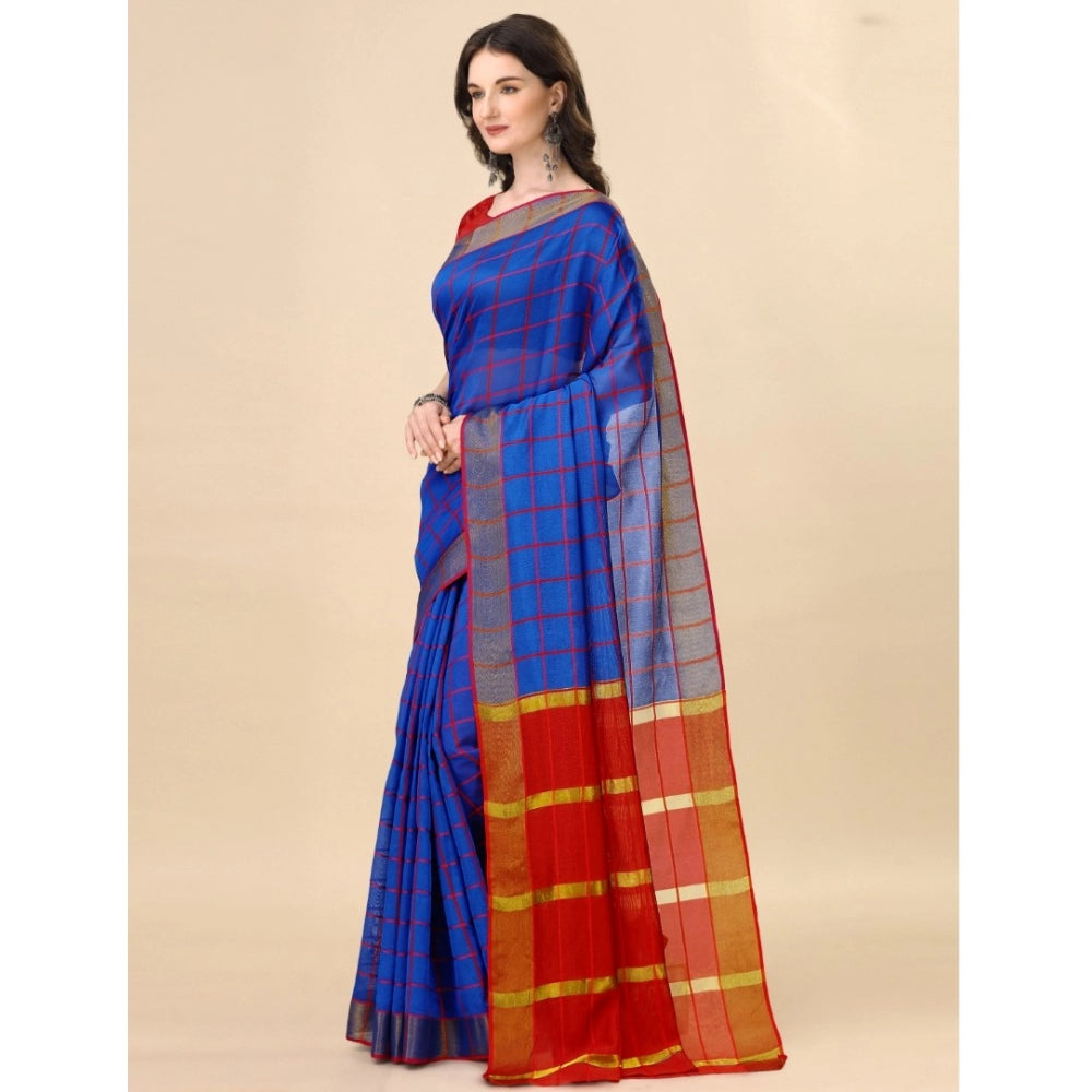Amfyn Women's Cotton Silk Checkered Saree With Unstitched Blouse 5.5Mtr (Blue)