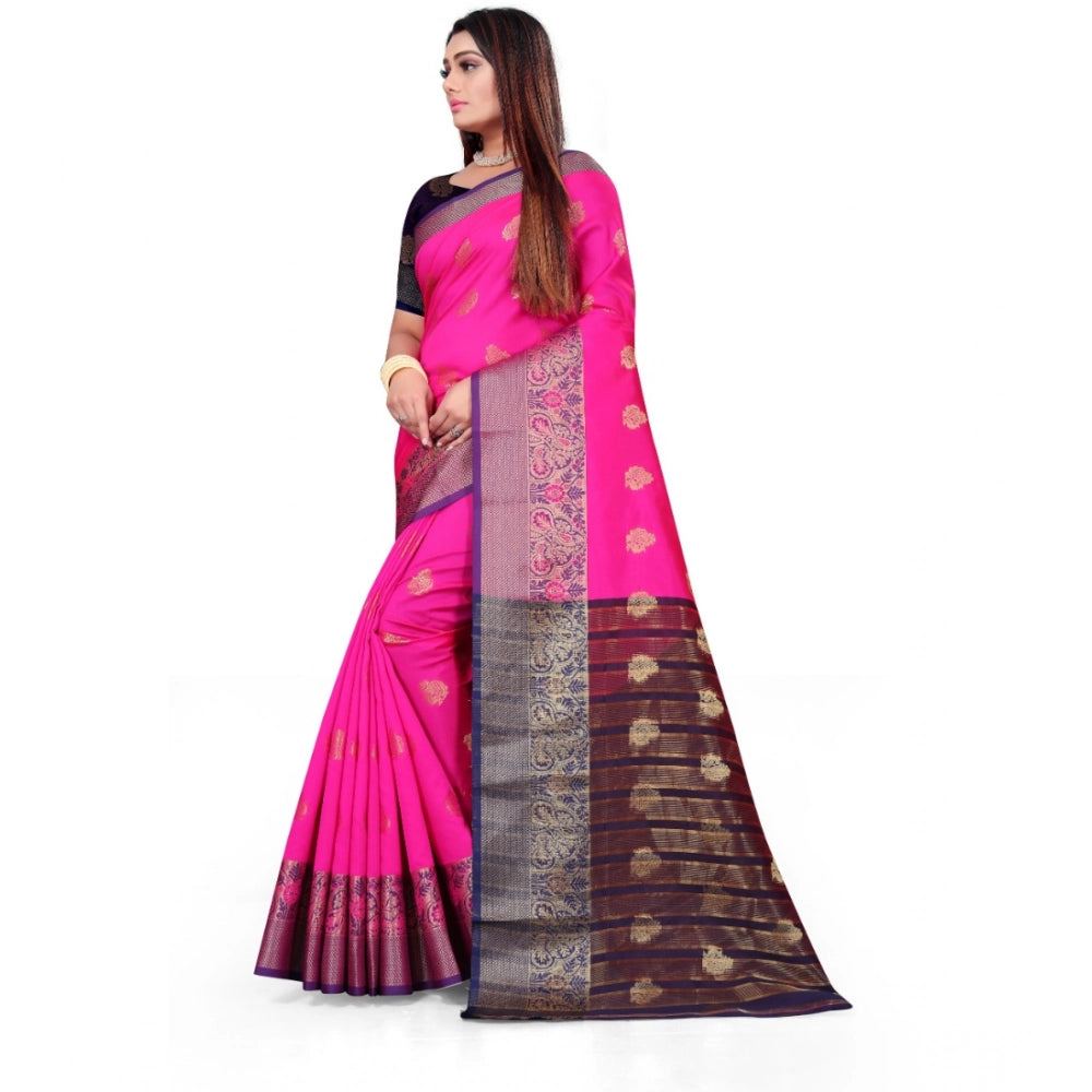 Amfyn Women's Silk Blend Woven Saree With Unstitched Blouse 5.5Mtr (Pink)