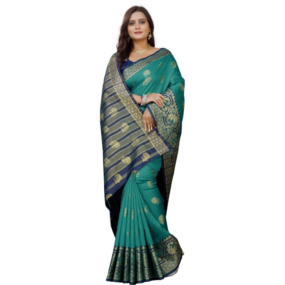 Amfyn Women's Silk Blend Woven Saree With Unstitched Blouse 5.5Mtr (Dark Blue-Green)
