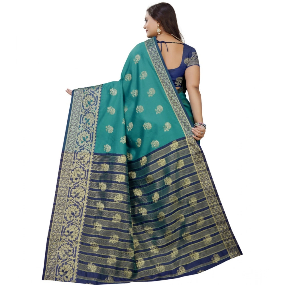 Amfyn Women's Silk Blend Woven Saree With Unstitched Blouse 5.5Mtr (Dark Blue-Green)