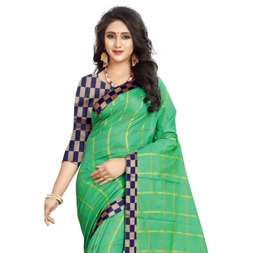 Amfyn Women's Cotton Silk Checkered Saree With Unstitched Blouse 5.5Mtr (Green)