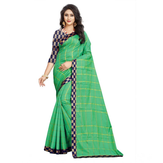 Amfyn Women's Cotton Silk Checkered Saree With Unstitched Blouse 5.5Mtr (Green)
