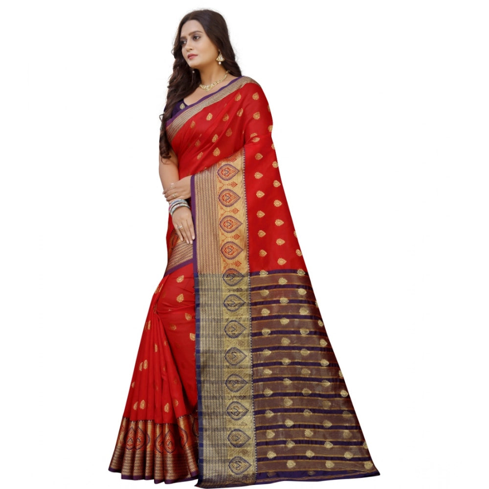 Amfyn Women's Silk Blend Woven Saree With Unstitched Blouse 5.5Mtr (Purple-Red)
