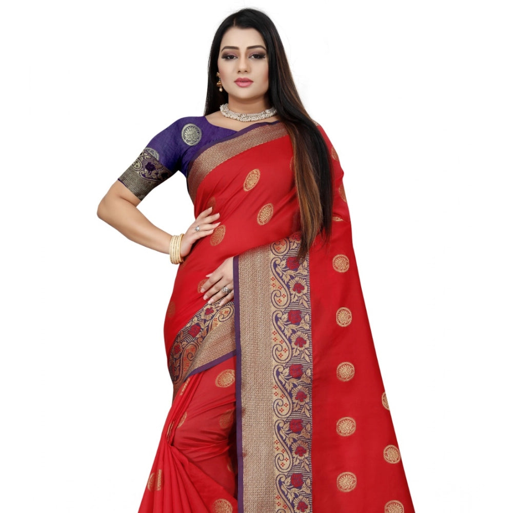 Amfyn Women's Silk Blend Woven Saree With Unstitched Blouse 5.5Mtr (Red-Blue)