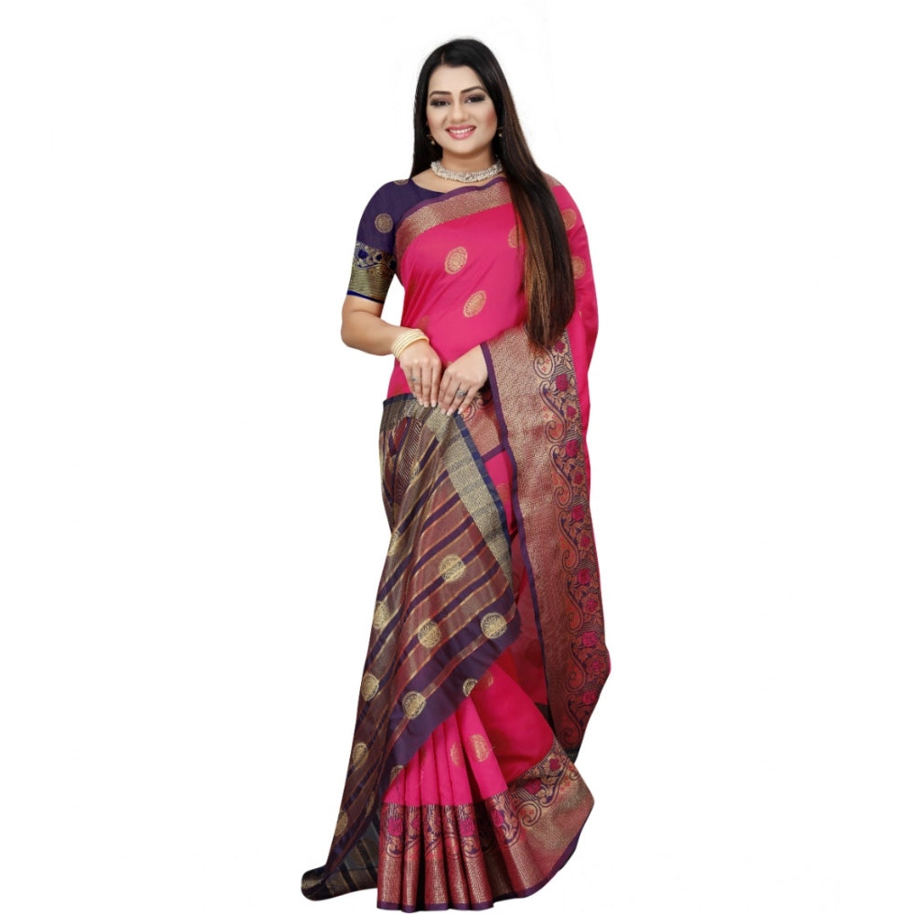 Amfyn Women's Silk Blend Woven Saree With Unstitched Blouse 5.5Mtr (Blue-Pink)