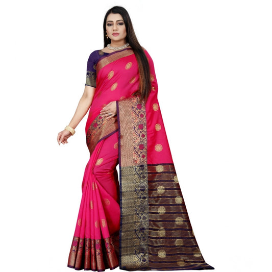 Amfyn Women's Silk Blend Woven Saree With Unstitched Blouse 5.5Mtr (Blue-Pink)
