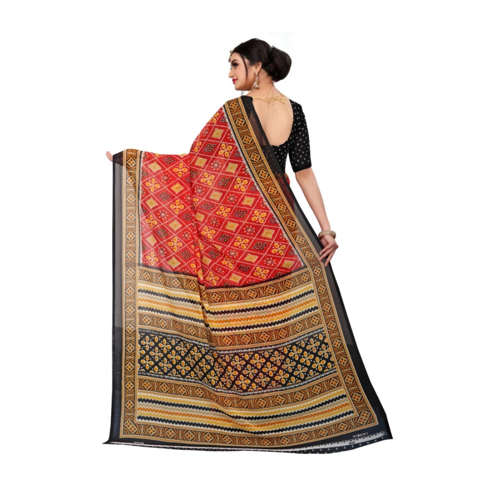 Amfyn Women's Georgette Floral Print Saree With Unstitched Blouse 5.5Mtr (Red)