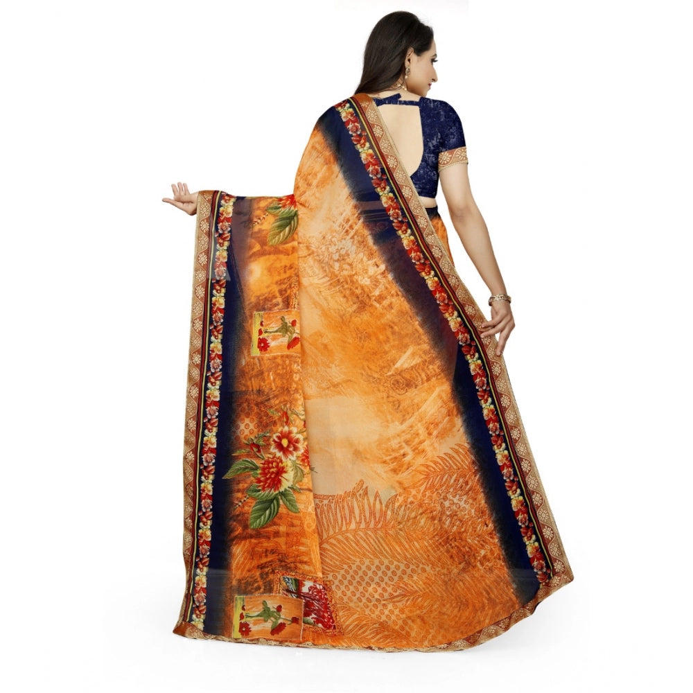 Amfyn Women's Georgette Floral Print Saree With Unstitched Blouse 5.5Mtr (Blue-Orange)