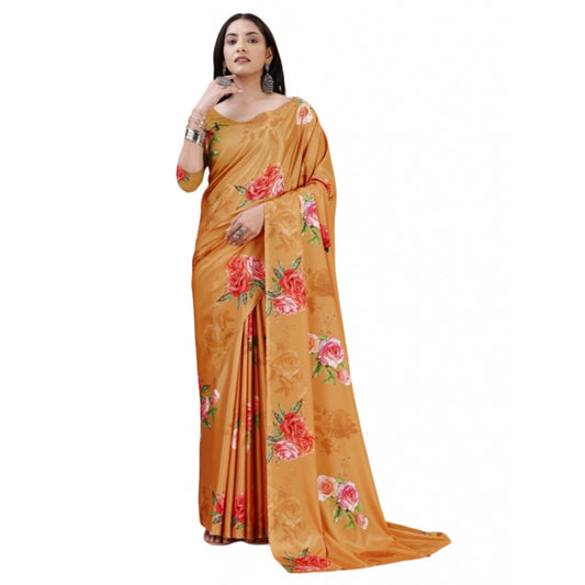 Amfyn Women's Crepe Digital Print Saree With Unstitched Blouse 5.5Mtr (Mustard)