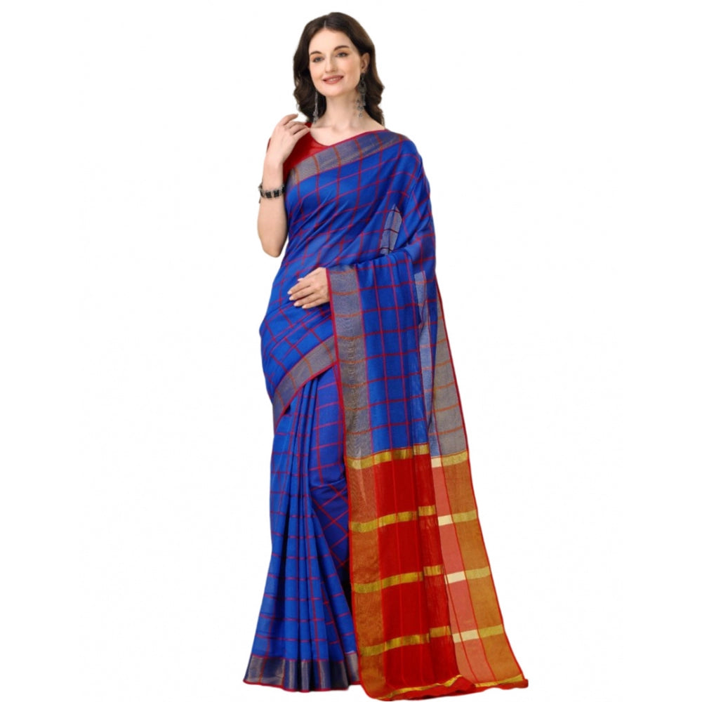 Amfyn Women's Cotton Silk Checkered Saree With Unstitched Blouse 5.5Mtr (Blue)