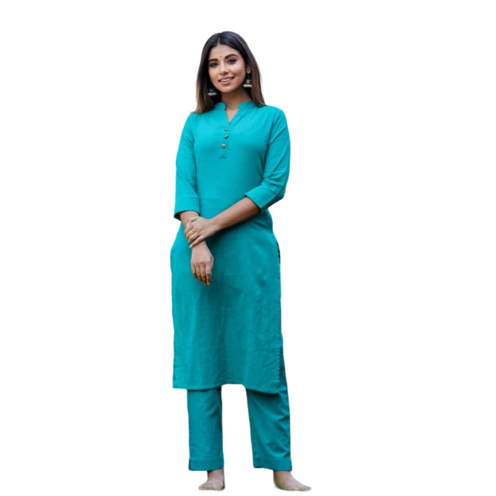 Amfyn Women's Cotton Solid 3/4 Sleeve Mandarin collar Kurti (Green)