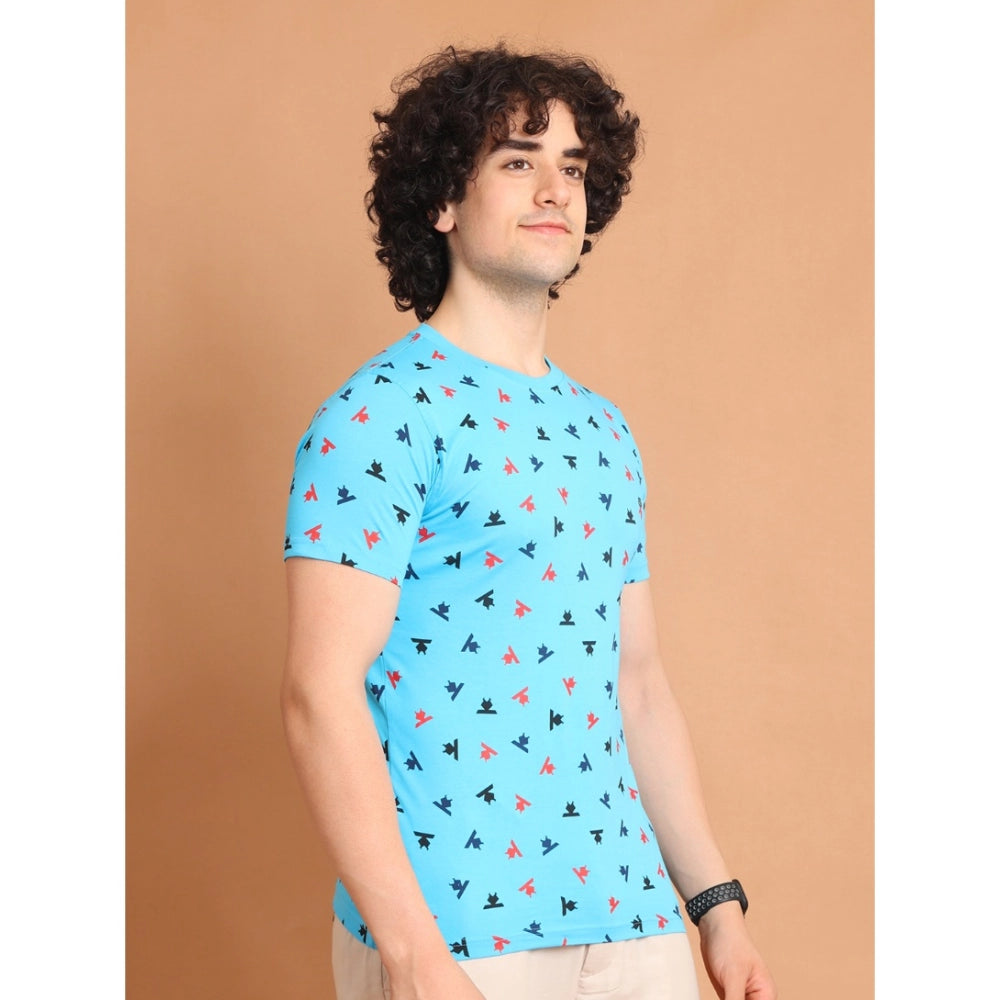 Amfyn Men's Casual Cotton Printed Round Neck Half Sleeve T-Shirt (Skyblue)