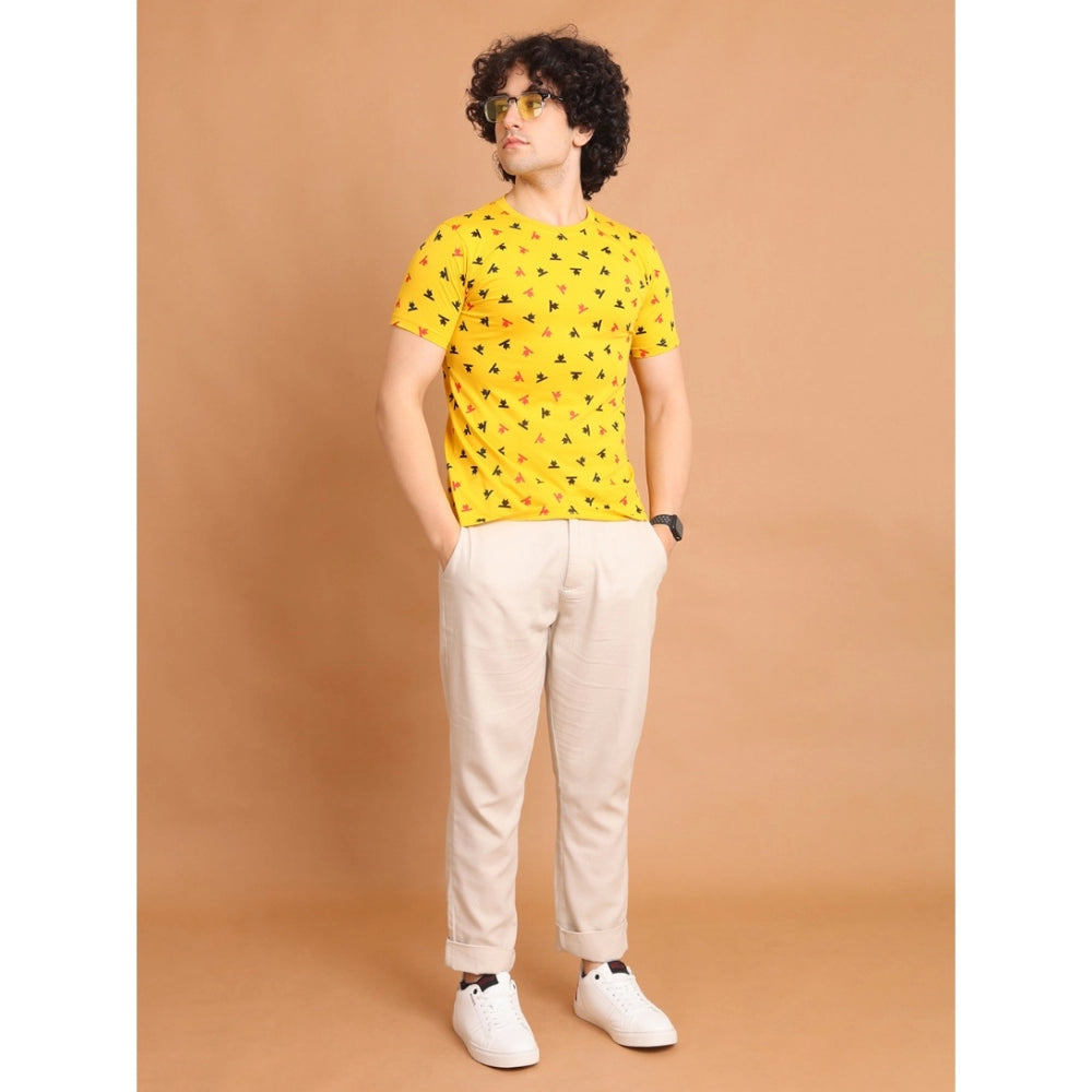 Amfyn Men's Casual Cotton Printed Round Neck Half Sleeve T-Shirt (Yellow)