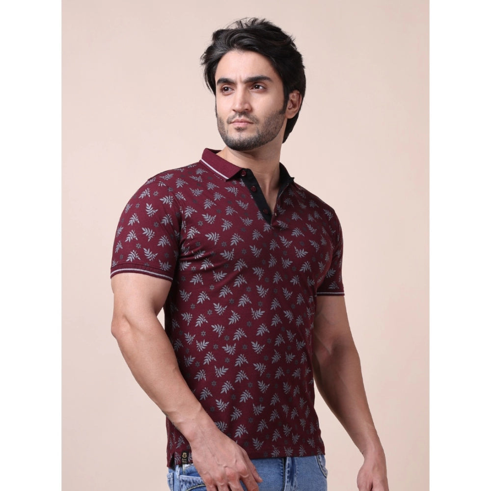 Amfyn Men's Casual Cotton Printed Polo Neck Half Sleeve T-Shirt (Plum)