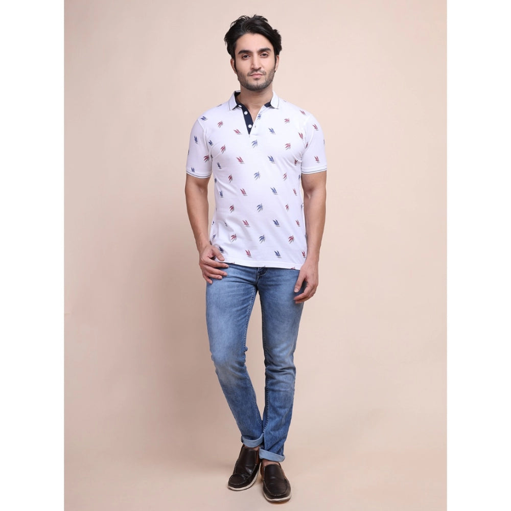 Amfyn Men's Casual Cotton Printed Polo Neck Half Sleeve T-Shirt (White)