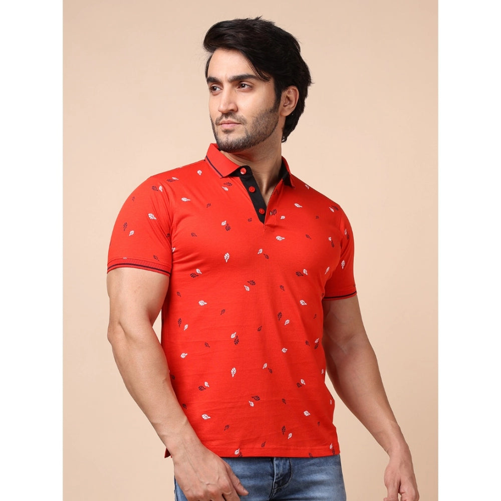Amfyn Men's Casual Cotton Printed Polo Neck Half Sleeve T-Shirt (Red)