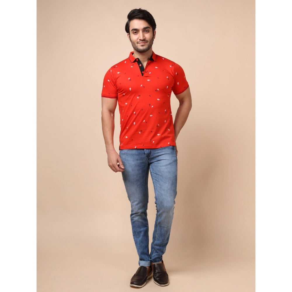 Amfyn Men's Casual Cotton Printed Polo Neck Half Sleeve T-Shirt (Red)