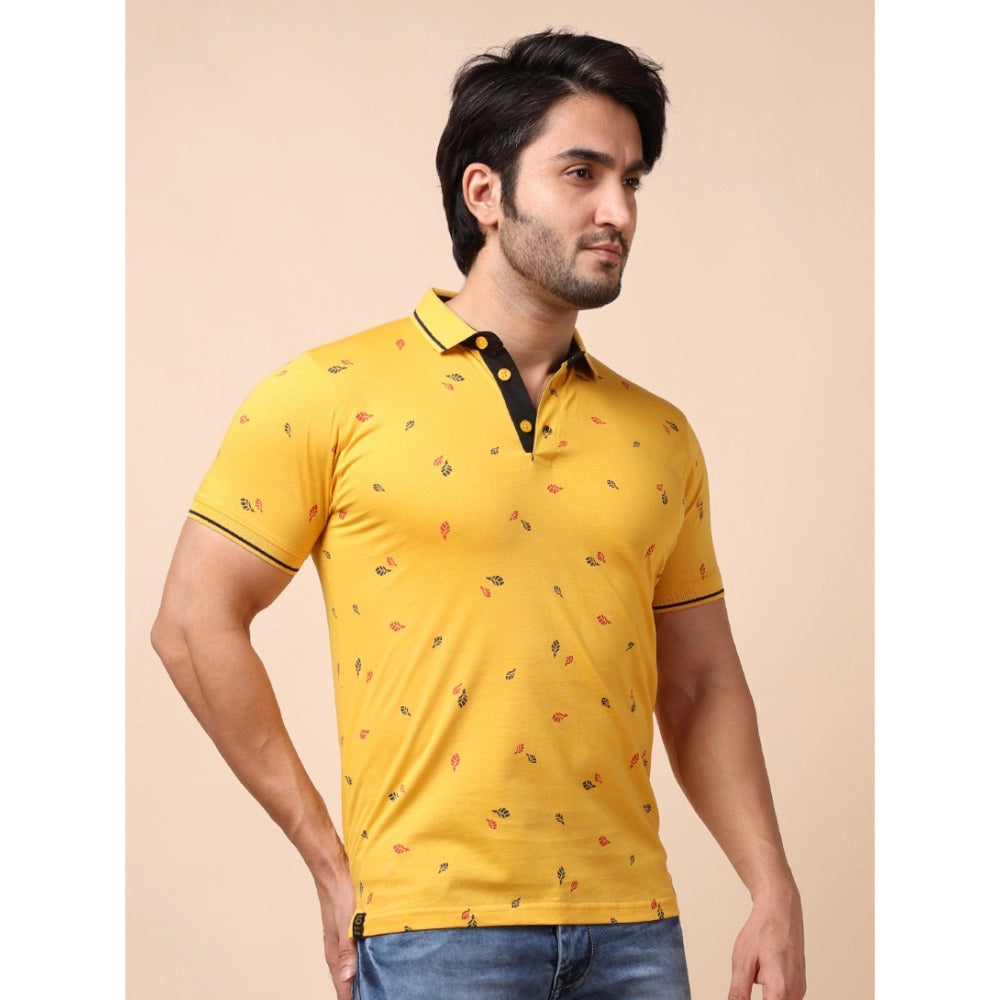 Amfyn Men's Casual Cotton Printed Polo Neck Half Sleeve T-Shirt (Mustard)