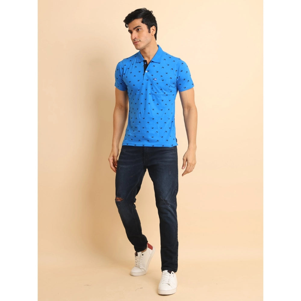 Amfyn Men's Casual Cotton Printed Polo Neck Half Sleeve T-Shirt (Blue)