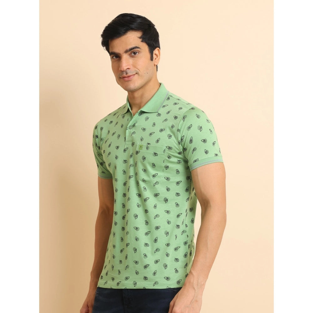Amfyn Men's Casual Cotton Printed Polo Neck Half Sleeve T-Shirt (Light Green)