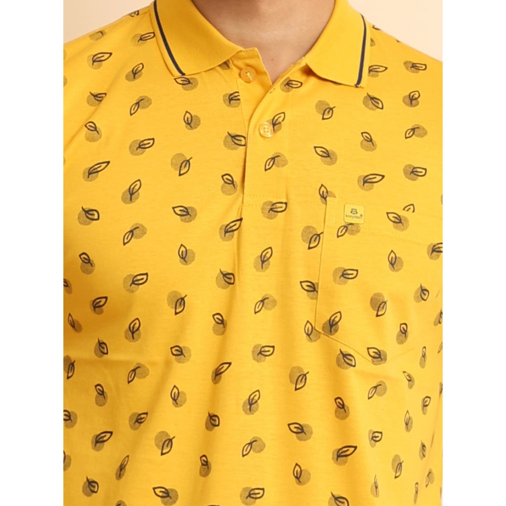 Amfyn Men's Casual Cotton Printed Polo Neck Half Sleeve T-Shirt (Mustard)
