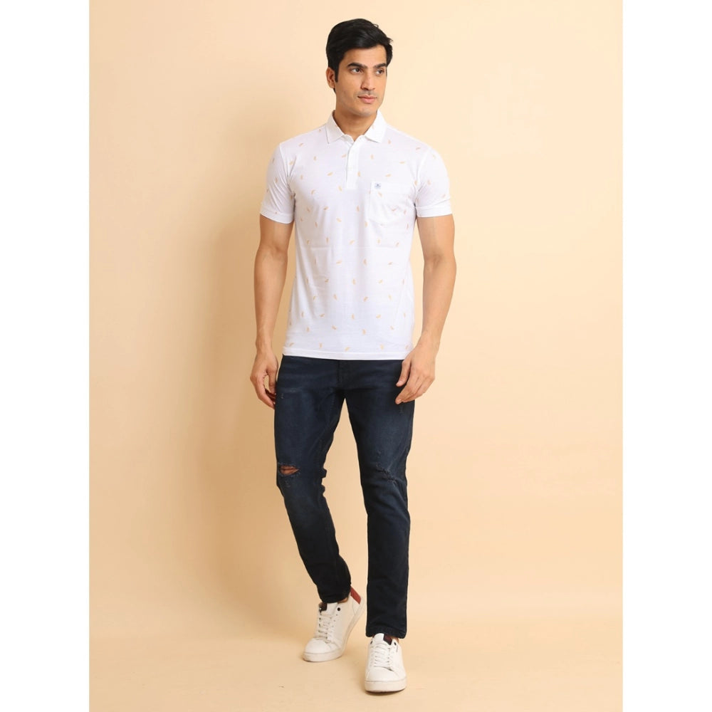 Amfyn Men's Casual Cotton Printed Polo Neck Half Sleeve T-Shirt (White)