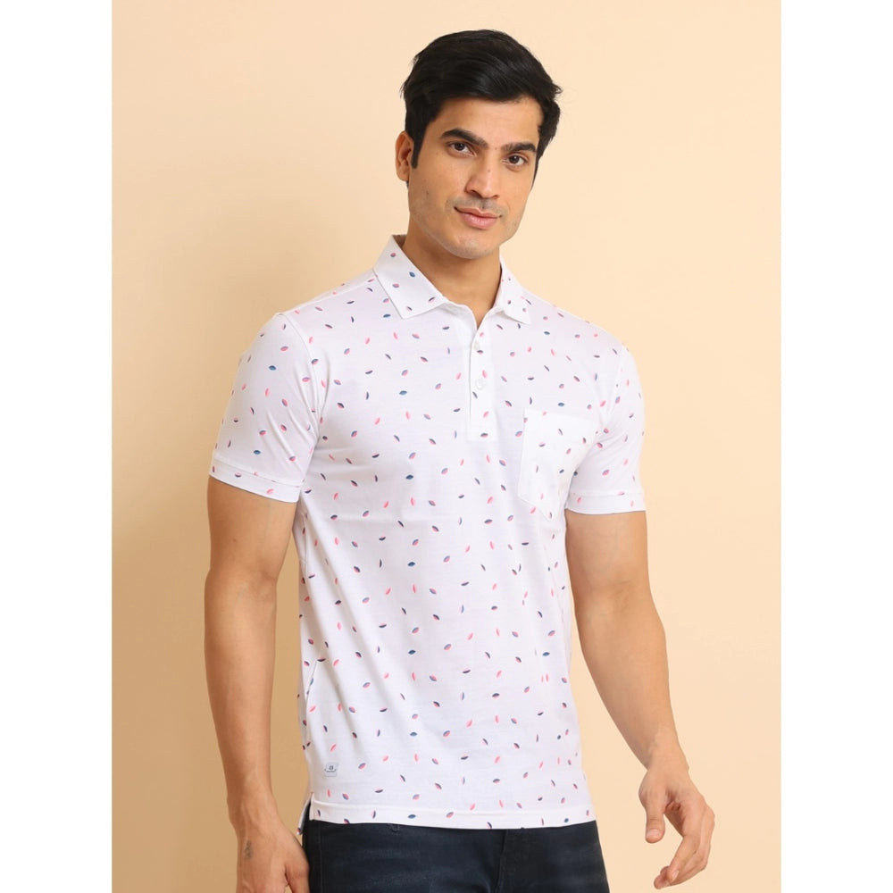 Amfyn Men's Casual Cotton Printed Polo Neck Half Sleeve T-Shirt (White)
