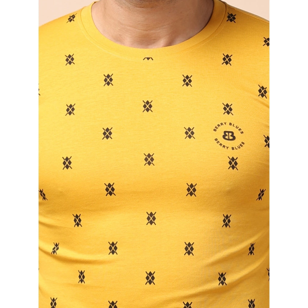 Amfyn Men's Casual Cotton Printed Round Neck Full Sleeve T-Shirt (Mustard)