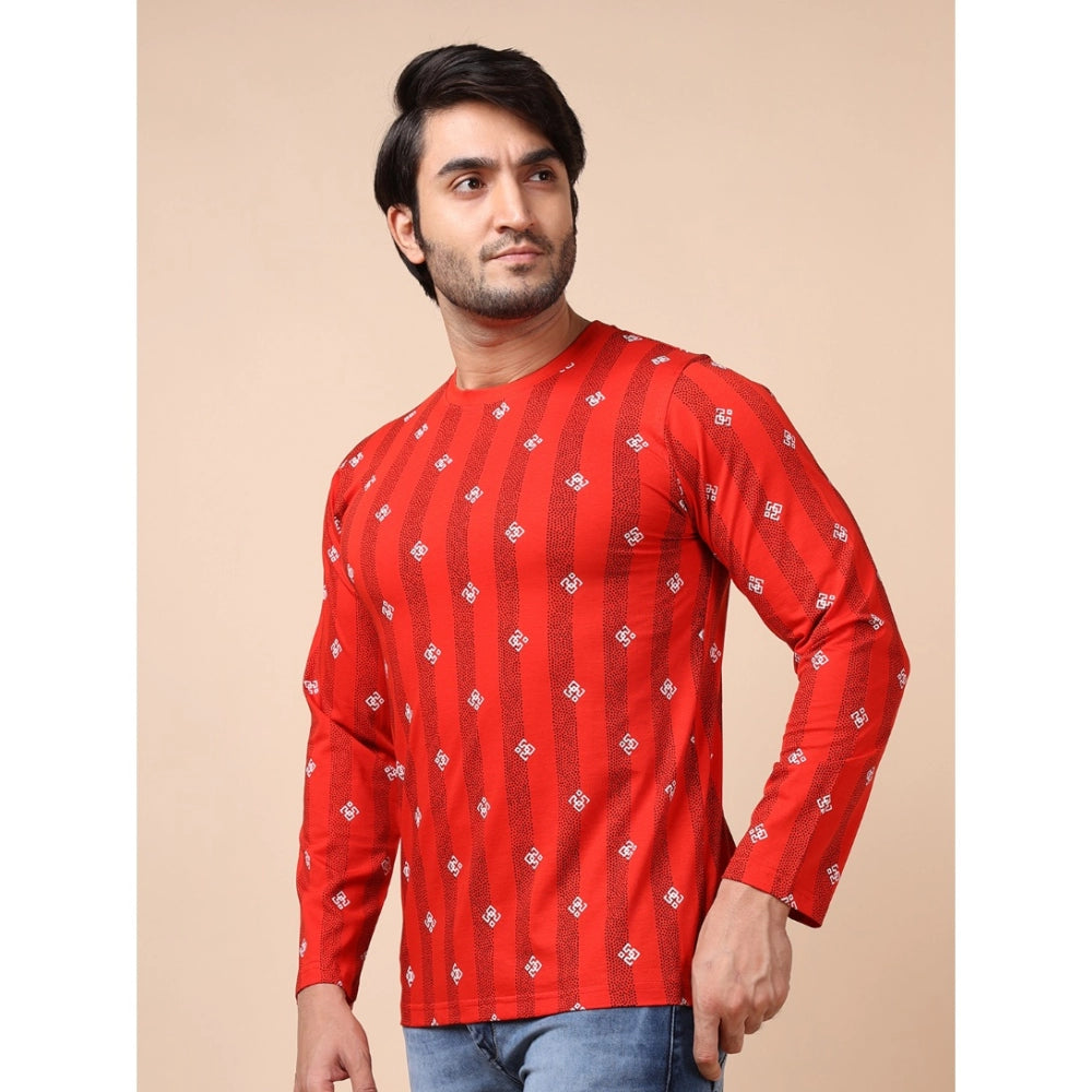 Amfyn Men's Casual Cotton Printed Round Neck Full Sleeve T-Shirt (Red)