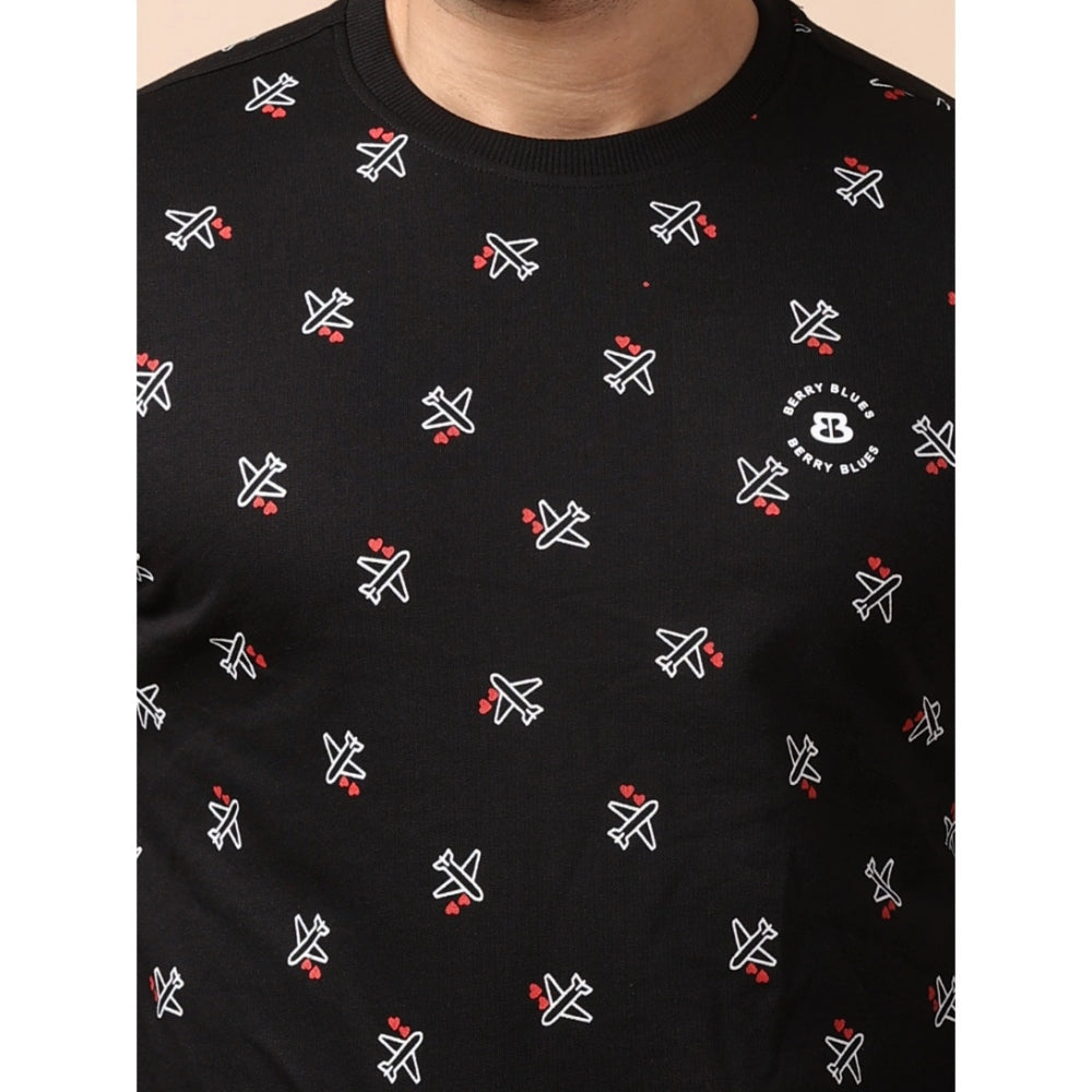 Amfyn Men's Casual Cotton Printed Round Neck Full Sleeve Sweat Shirt (Black)