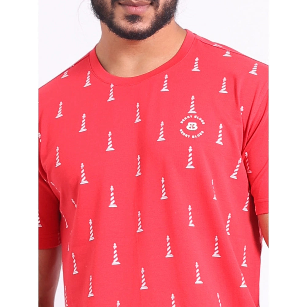 Amfyn Men's Casual Cotton Printed Round Neck Half Sleeve T-Shirt (Red)