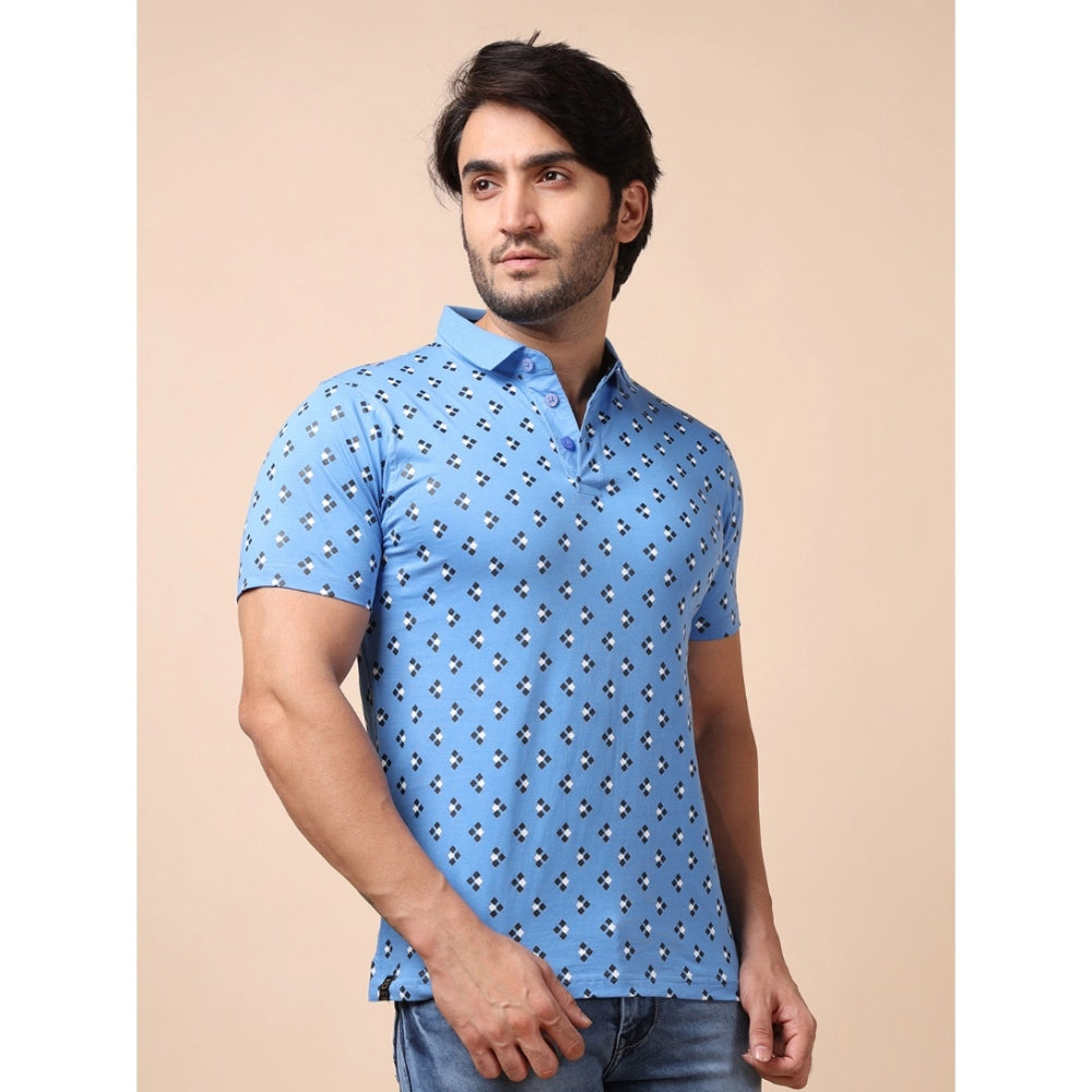 Amfyn Men's Casual Cotton Printed Polo Neck Half Sleeve T-Shirt (Blue)