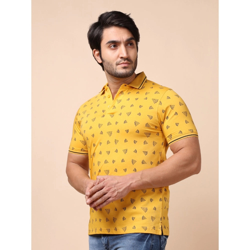 Amfyn Men's Casual Cotton Printed Polo Neck Half Sleeve T-Shirt (Mustard)