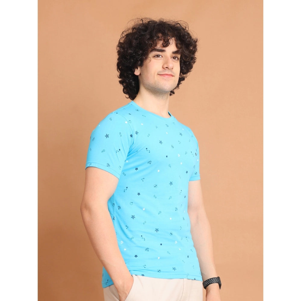 Amfyn Men's Casual Cotton Printed Round Neck Half Sleeve T-Shirt (Skyblue)
