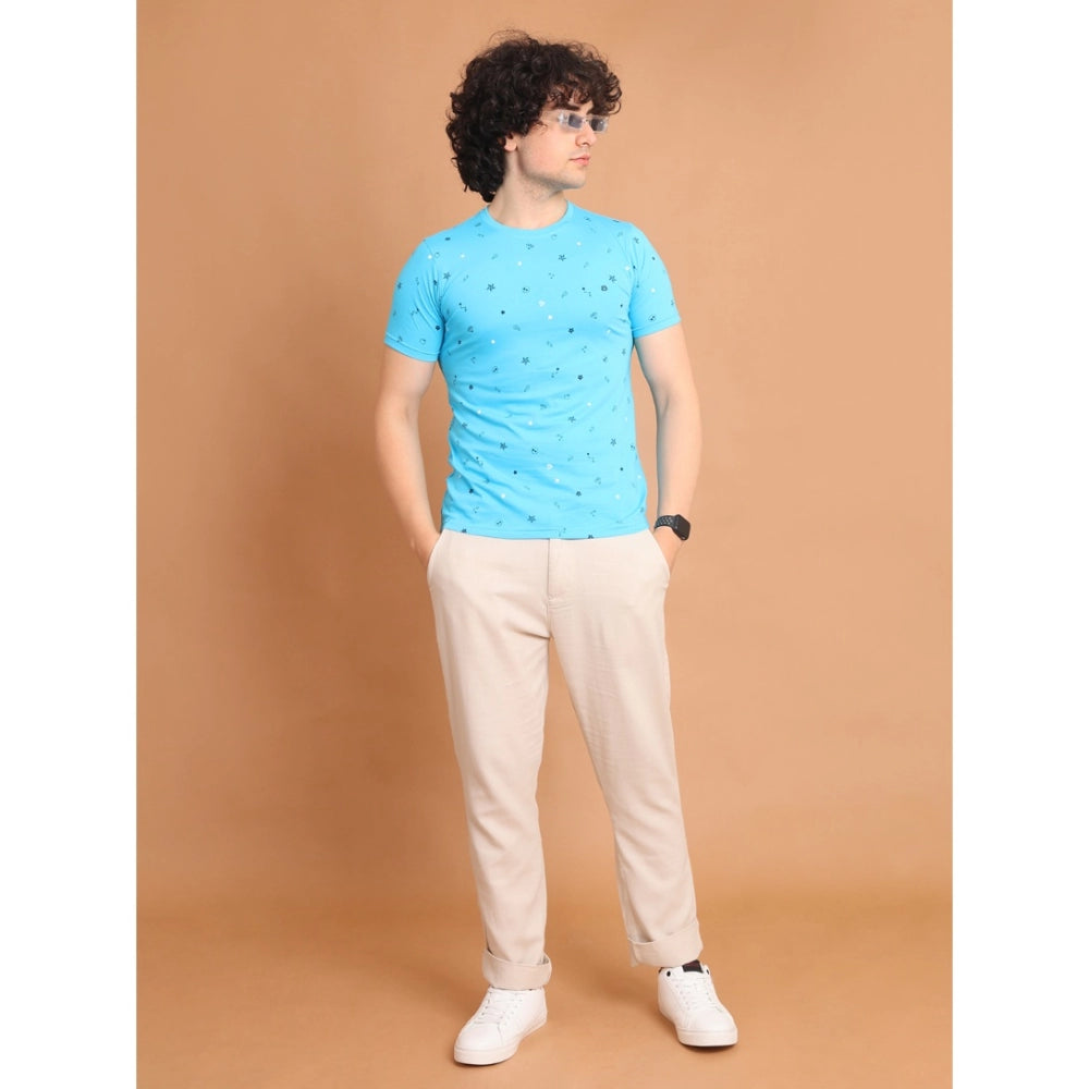 Amfyn Men's Casual Cotton Printed Round Neck Half Sleeve T-Shirt (Skyblue)