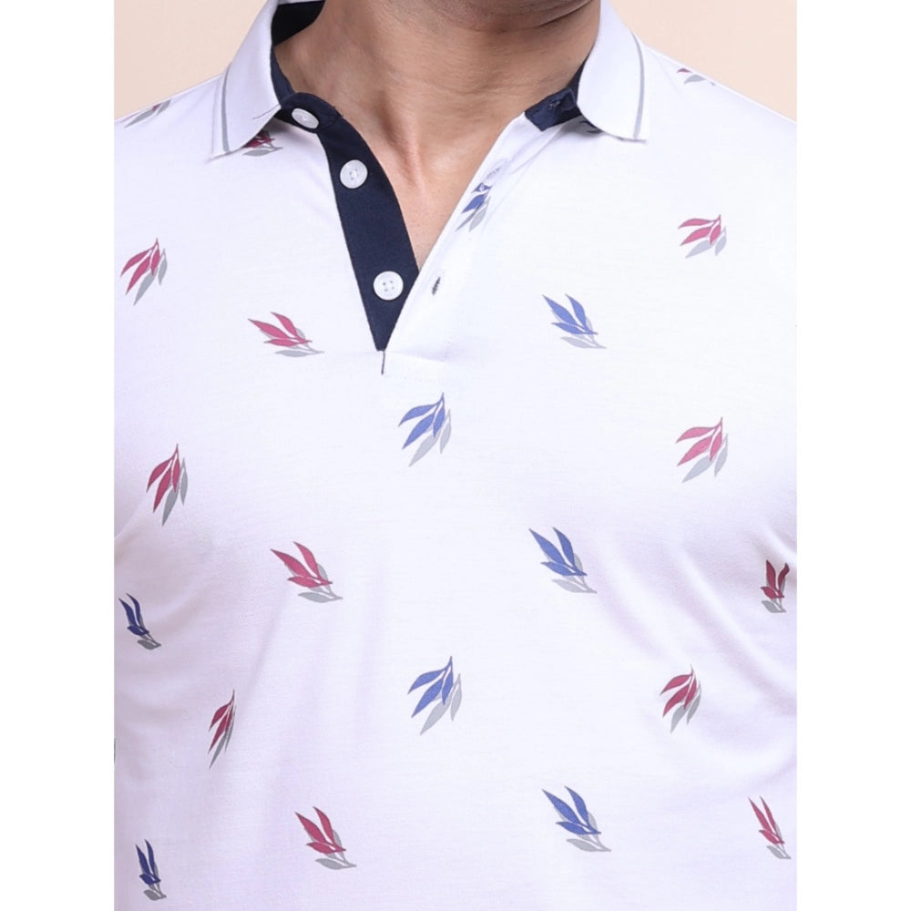 Amfyn Men's Casual Cotton Printed Polo Neck Half Sleeve T-Shirt (White)