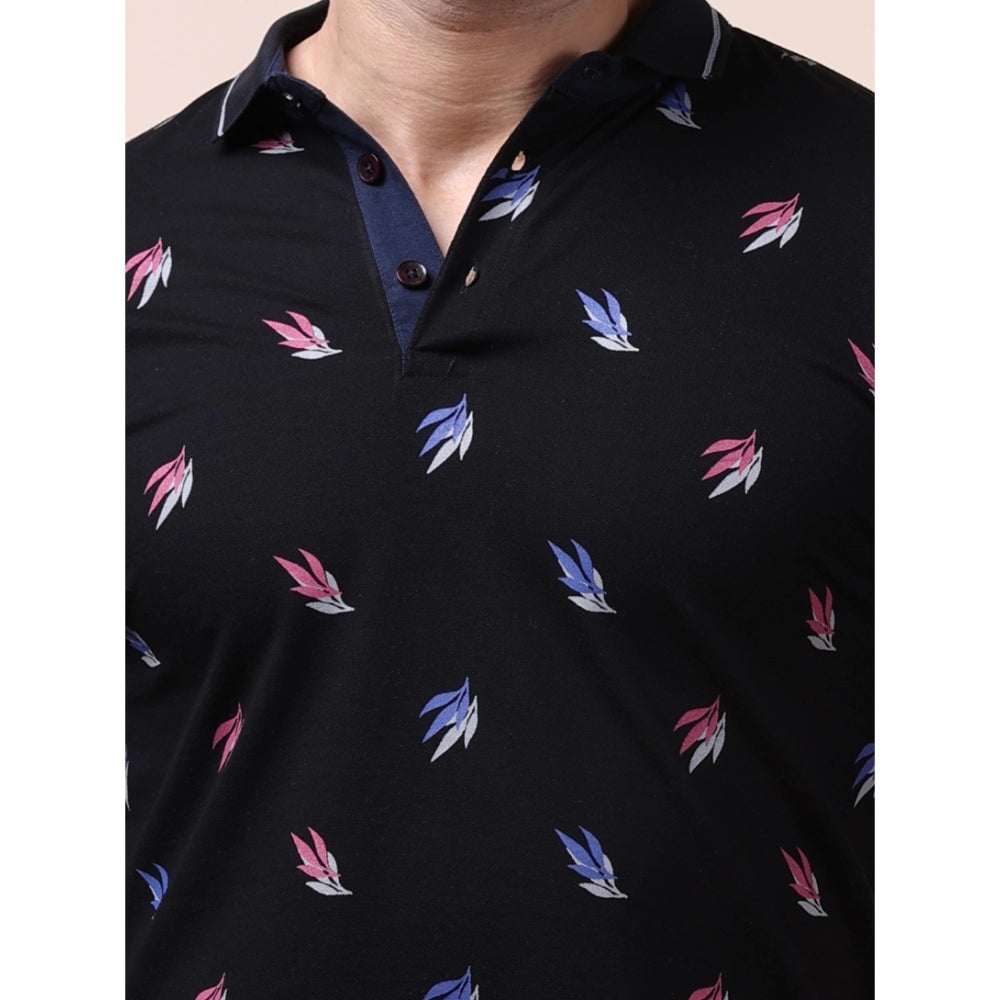 Amfyn Men's Casual Cotton Printed Polo Neck Half Sleeve T-Shirt (Black)