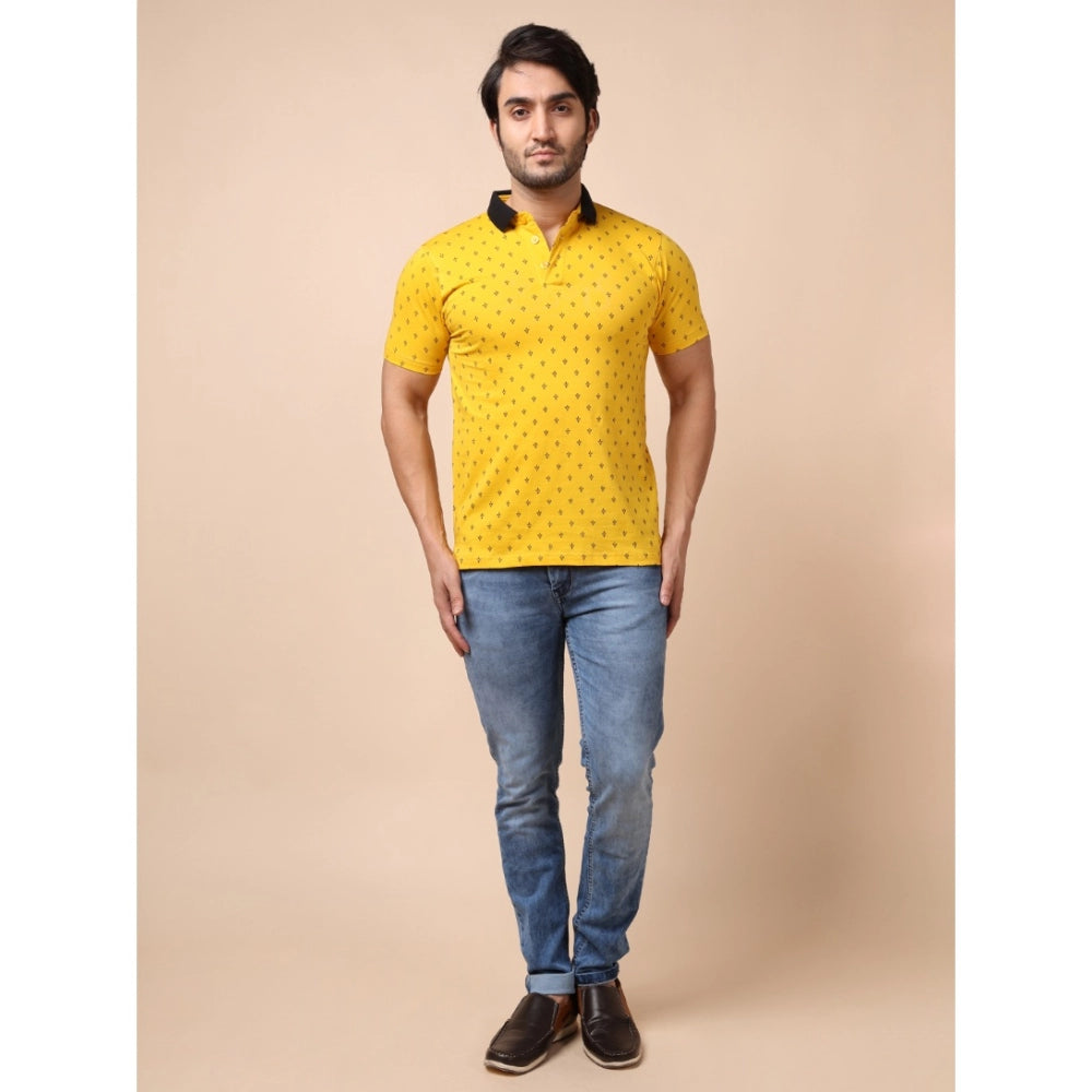 Amfyn Men's Casual Cotton Printed Polo Neck Half Sleeve T-Shirt (Yellow)