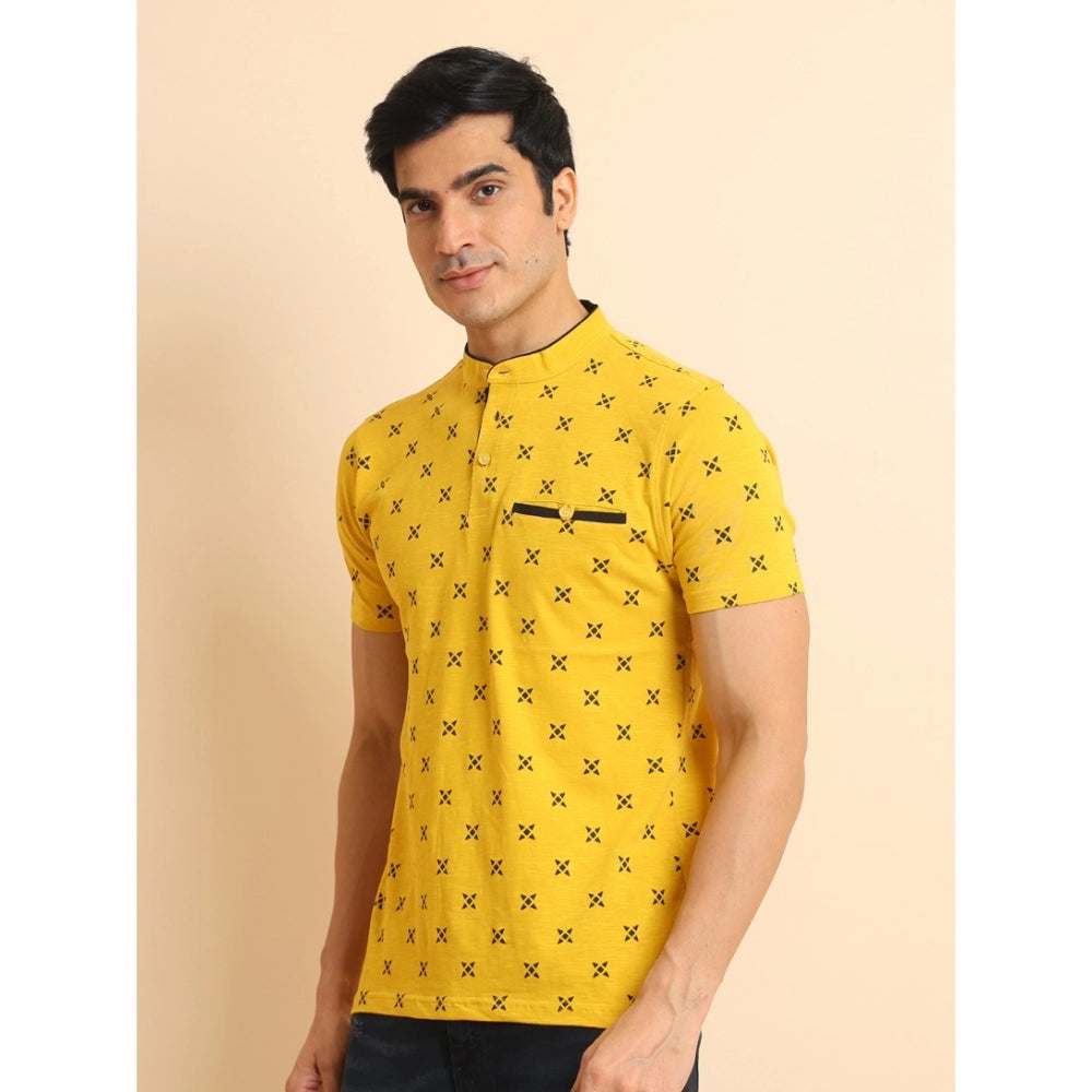 Amfyn Men's Casual Cotton Printed Mandarin Collar Half Sleeve T-Shirt (Mustard)