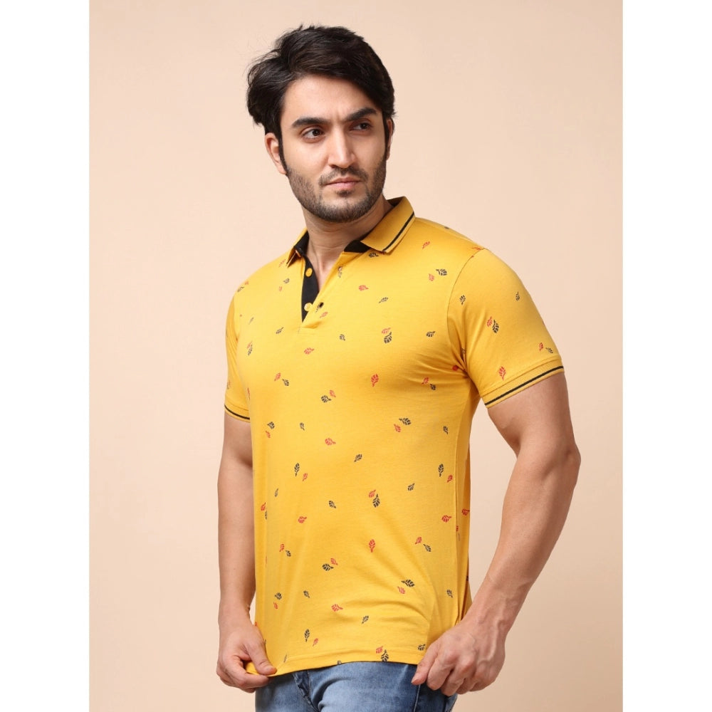Amfyn Men's Casual Cotton Printed Polo Neck Half Sleeve T-Shirt (Mustard)