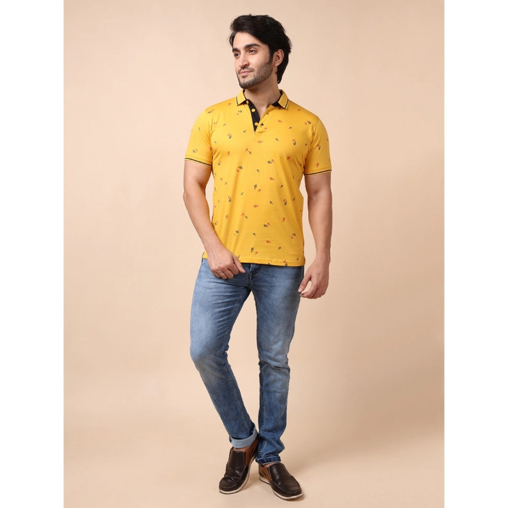 Amfyn Men's Casual Cotton Printed Polo Neck Half Sleeve T-Shirt (Mustard)