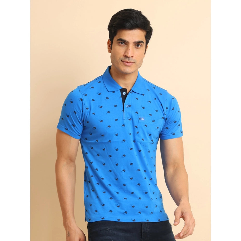 Amfyn Men's Casual Cotton Printed Polo Neck Half Sleeve T-Shirt (Blue)