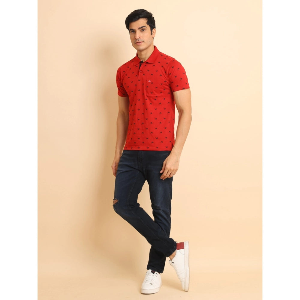 Amfyn Men's Casual Cotton Printed Polo Neck Half Sleeve T-Shirt (Red)