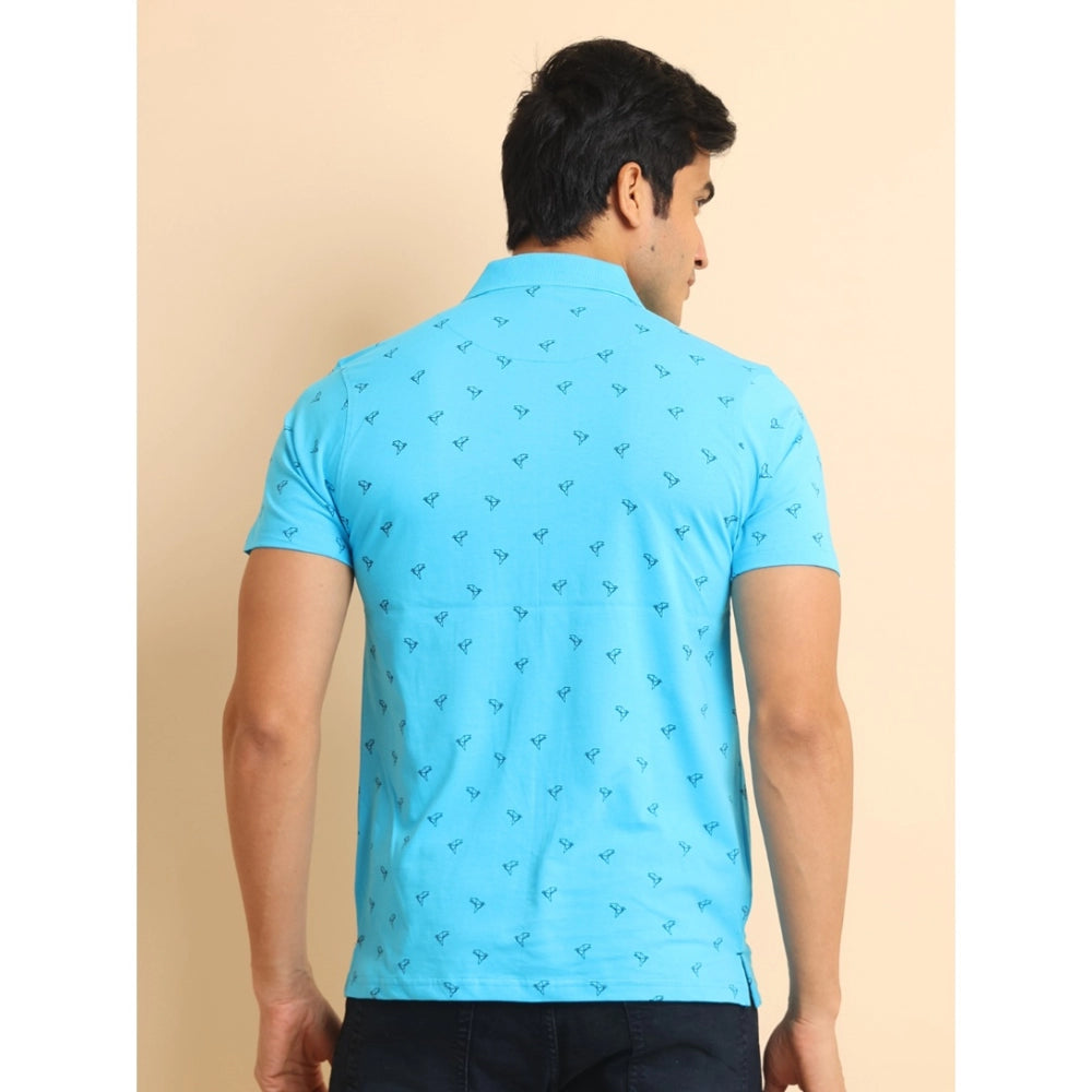 Amfyn Men's Casual Cotton Printed Polo Neck Half Sleeve T-Shirt (Skyblue)