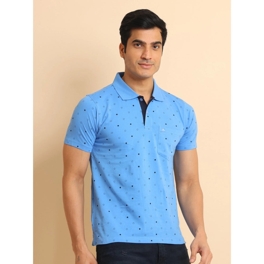 Amfyn Men's Casual Cotton Printed Polo Neck Half Sleeve T-Shirt (Blue)
