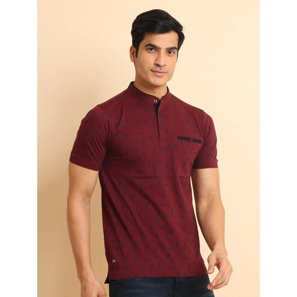 Amfyn Men's Casual Cotton Printed Mandarin Collar Half Sleeve T-Shirt (Plum)