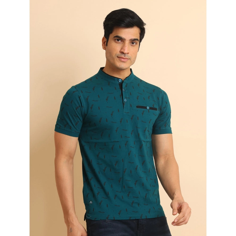 Amfyn Men's Casual Cotton Printed Mandarin Collar Half Sleeve T-Shirt (Green)