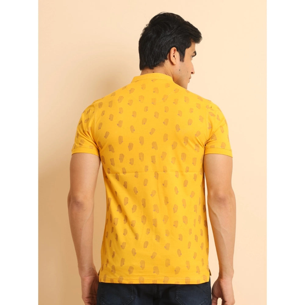 Amfyn Men's Casual Cotton Printed Mandarin Collar Half Sleeve T-Shirt (Mustard)